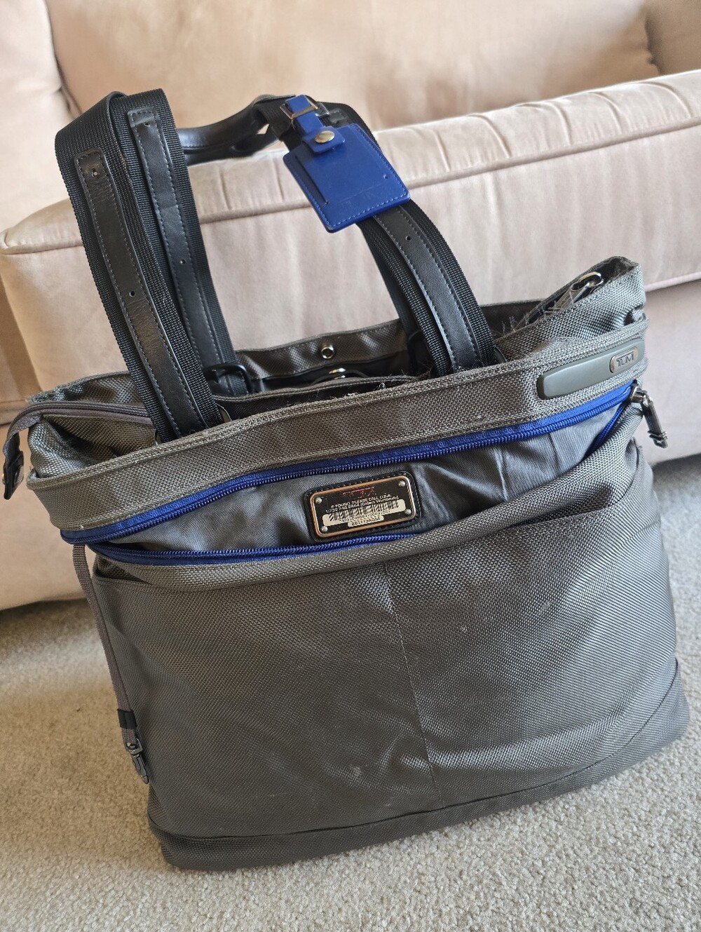 TUMI Grey & Blue Multi-Pocket Travel Tote / Business Bag